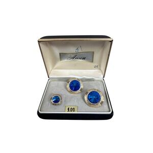 Vintage Anson Cufflinks‎ and Stud Tie Tack Set Gold Tone Blue Rhinestone